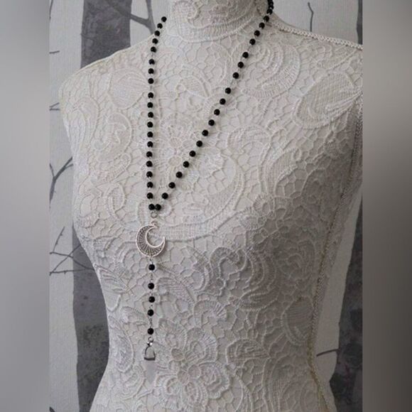 Gothic Black Bead Necklace, Silver Tone Moon, White Crystal, Long Length - Picture 1 of 6